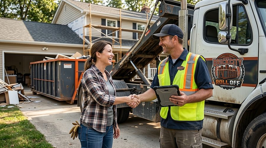 A homeowner shaking hands with a BrickCity Roll Off driver beside a roll-off container