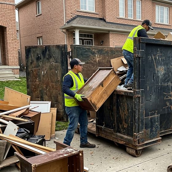 The BrickCity Roll Off crew loading old furniture into a roll-off container
