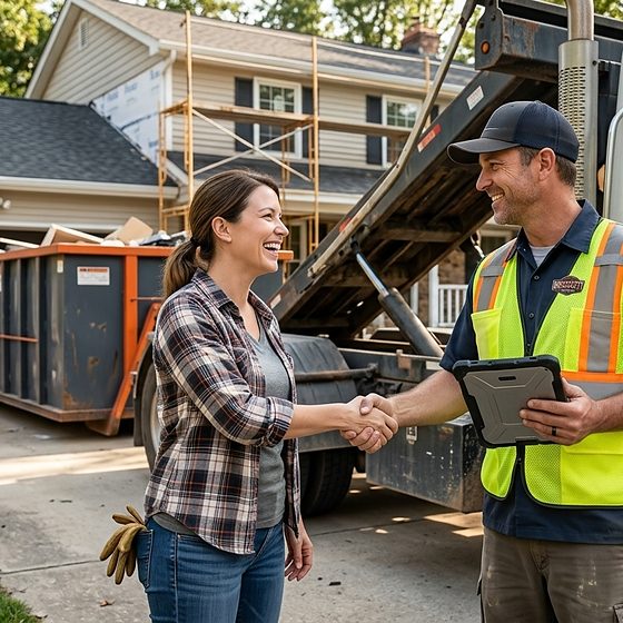 A BrickCity Roll Off driver shaking hands with a homeowner beside a delivered roll-off container