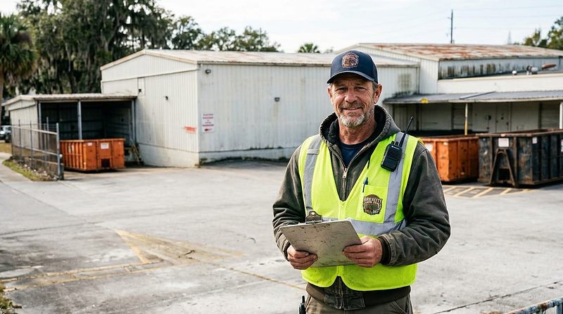 A BrickCity Roll Off crew member in the yard