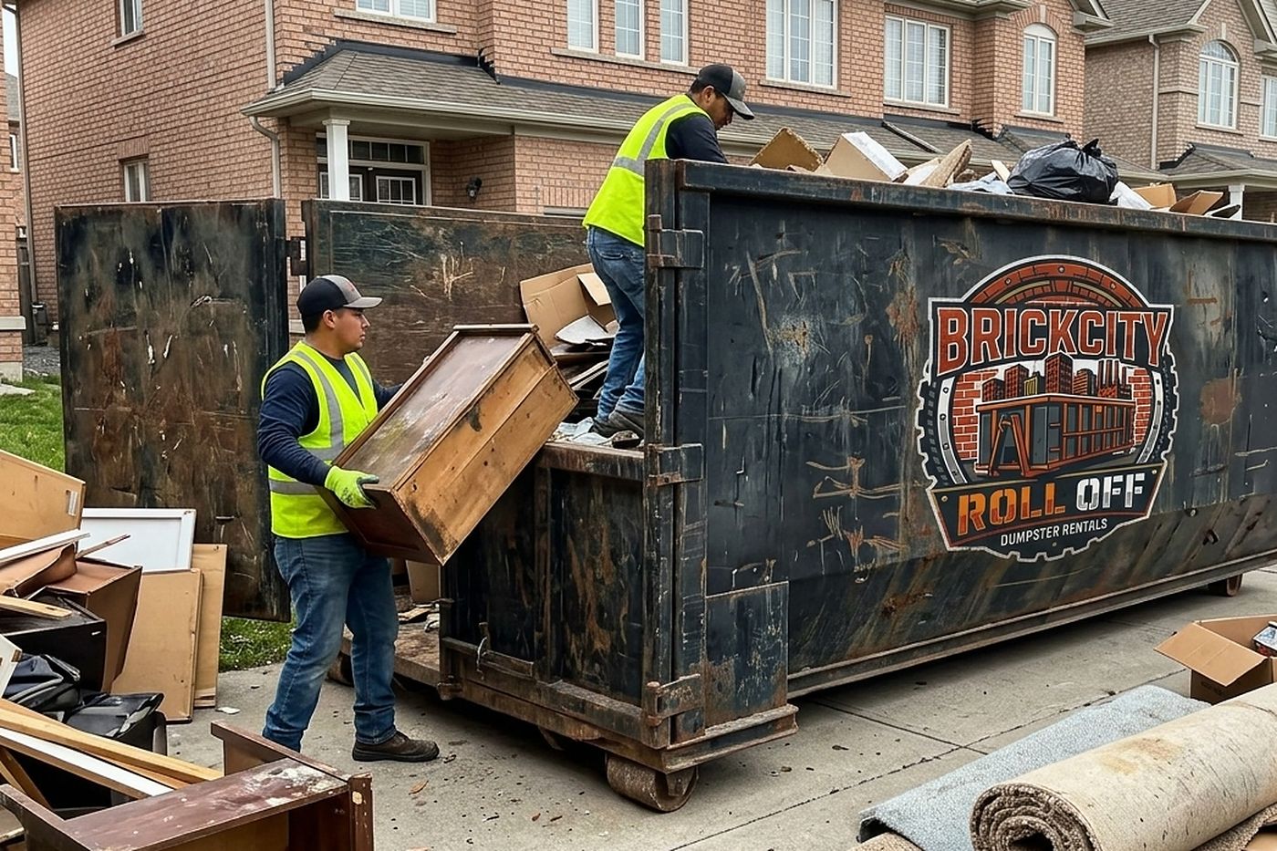 The BrickCity Roll Off crew loading renovation debris into a roll-off container on a driveway