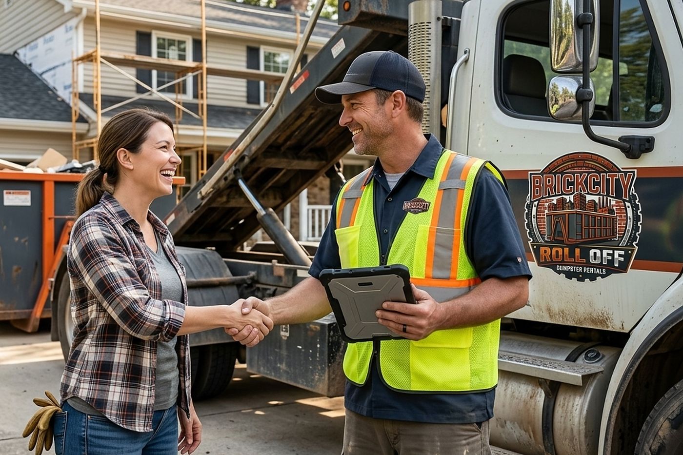 A BrickCity Roll Off driver greeting a homeowner after a same-day delivery